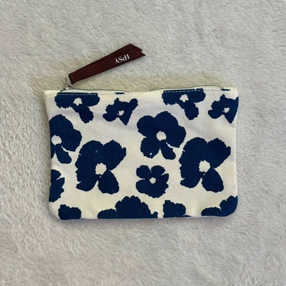 white with blue flowers mini makeup cosmetics bag